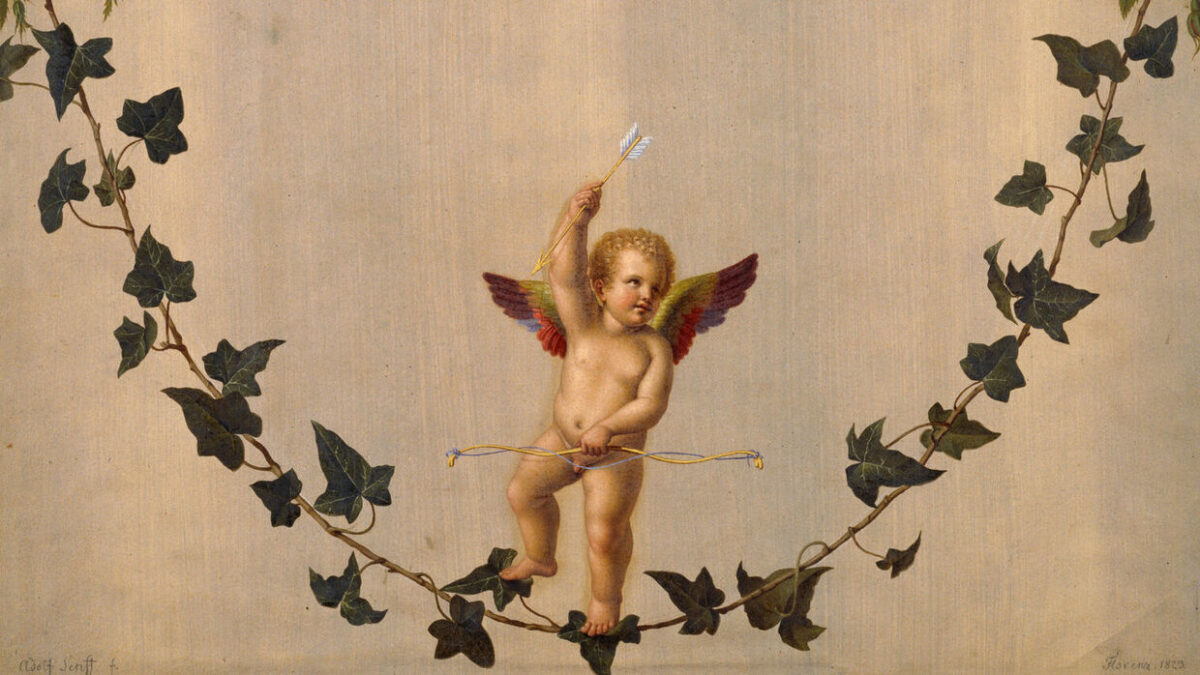 Amor auf einer zwischen Rosenbouquets hängenden Efeuranke, Foto: SPSG, Lizenz: SPSG